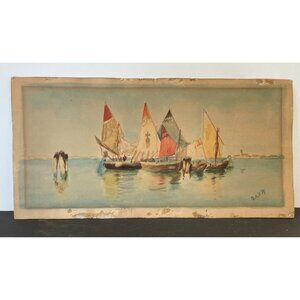 Vintage 1894 Signed O.A.V. Watercolor Painting Of Boats On Sea With Distressed E